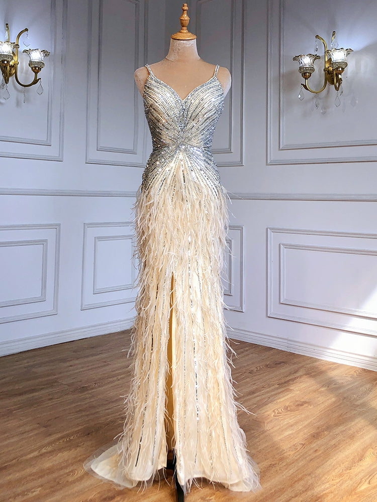 PM502,High Quality Mermaid Feather Beading Long Prom Dresses With Slit