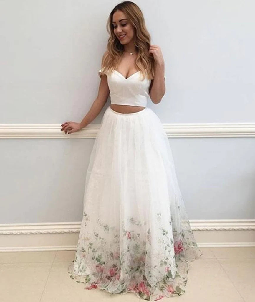PM378,Two Pieces White Long Prom Dresses,Floral Tulle Evening Formal Dress