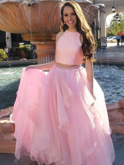 PM200,Two Pieces Pink Chiffon Long Prom Evening Dresses