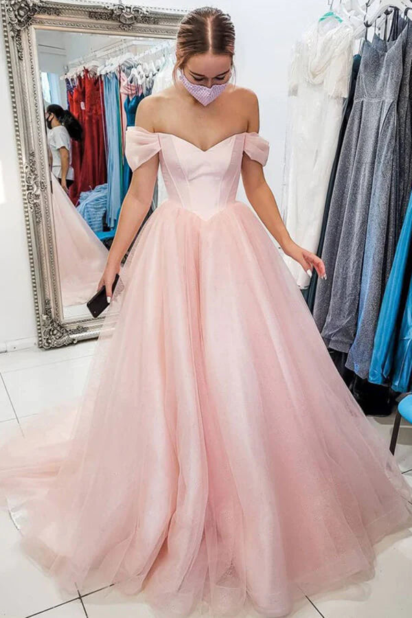 PM340,Pink Off The Shoulder A-Line Prom Evening Dresses Long Formal Gown