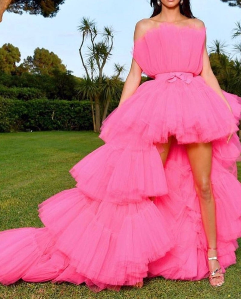 PM202,Pink Tulle Strapless High Low Long Prom Evening Dresses