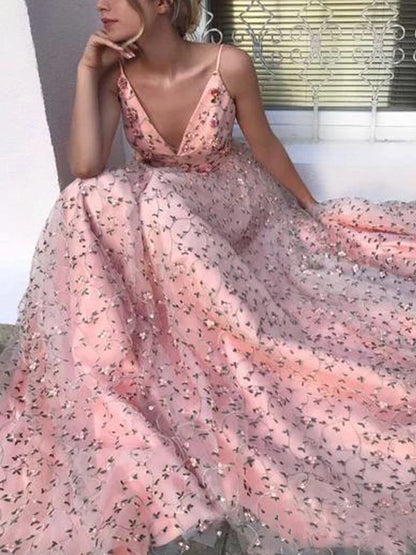 PM325,Sweet Pink Floral A-Line Lace Prom Dresses,Long Evening Dresses