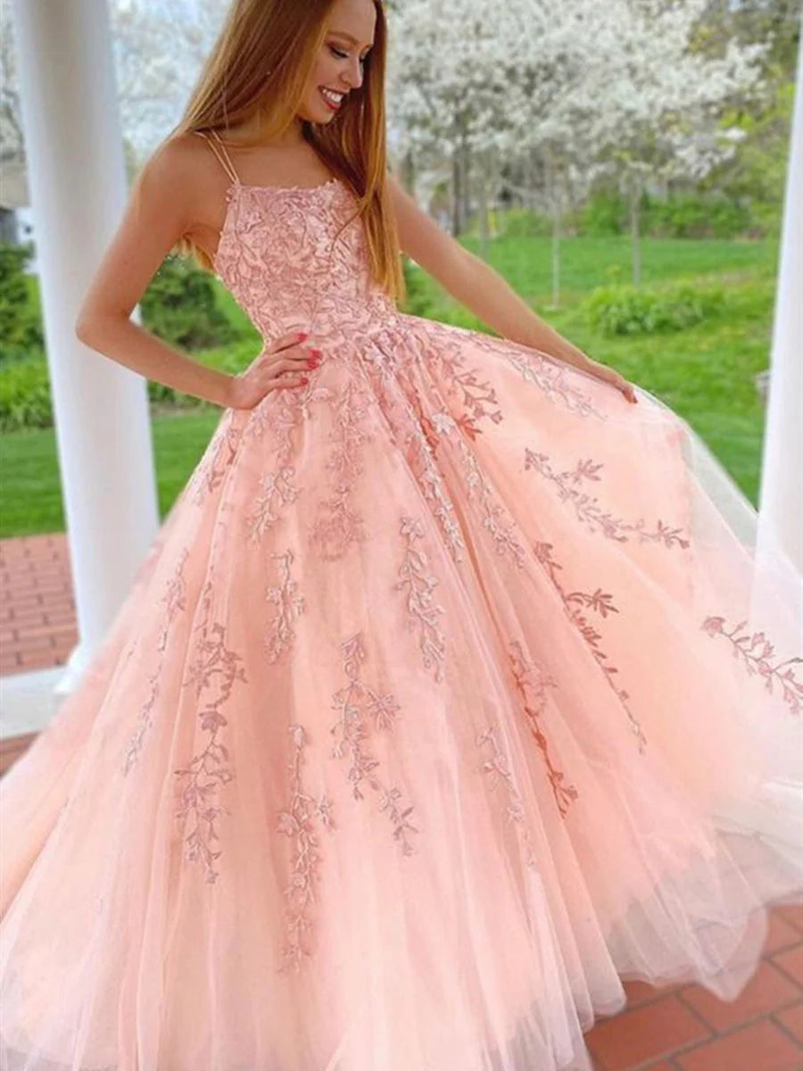 PM020,Pink applique spaghetti straps tulle prom dress,long evening gown