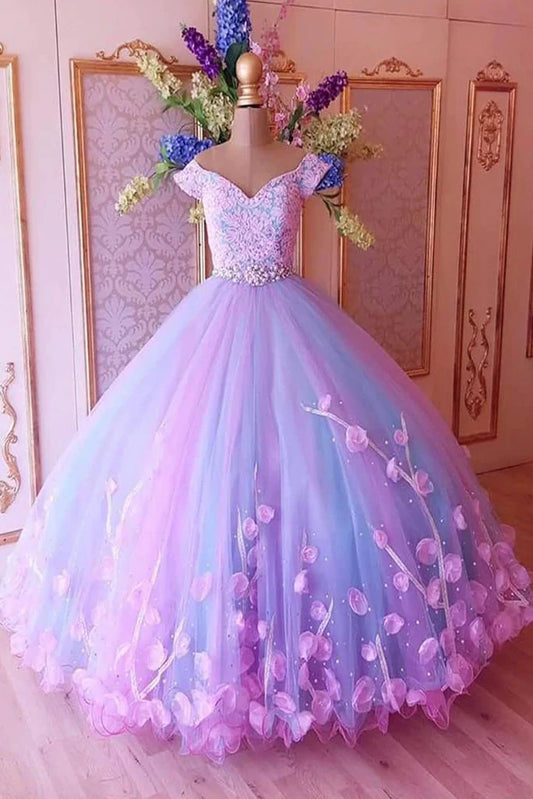 PM110,Princess Pink And Blue Ball Gown Prom Dresses With Flowers, Quinceanera Dresses