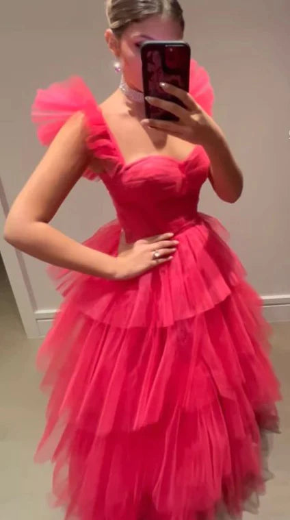 PM488,Watermelon Red Pink tulle prom dresses long evening dress