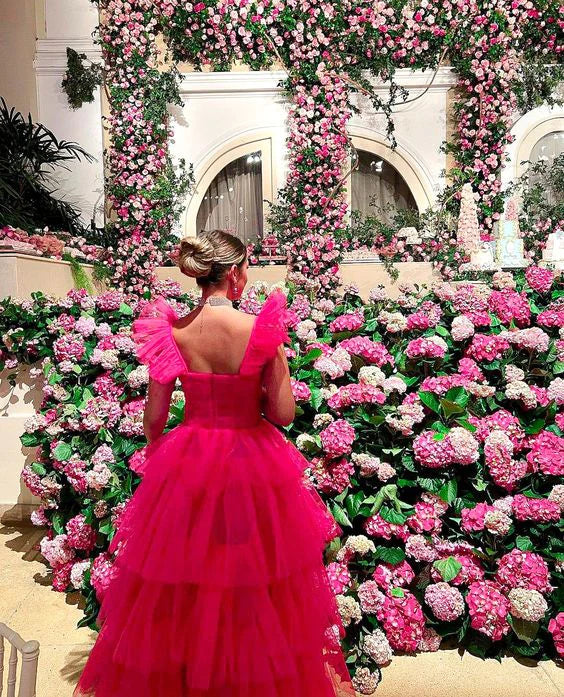 PM488,Watermelon Red Pink tulle prom dresses long evening dress