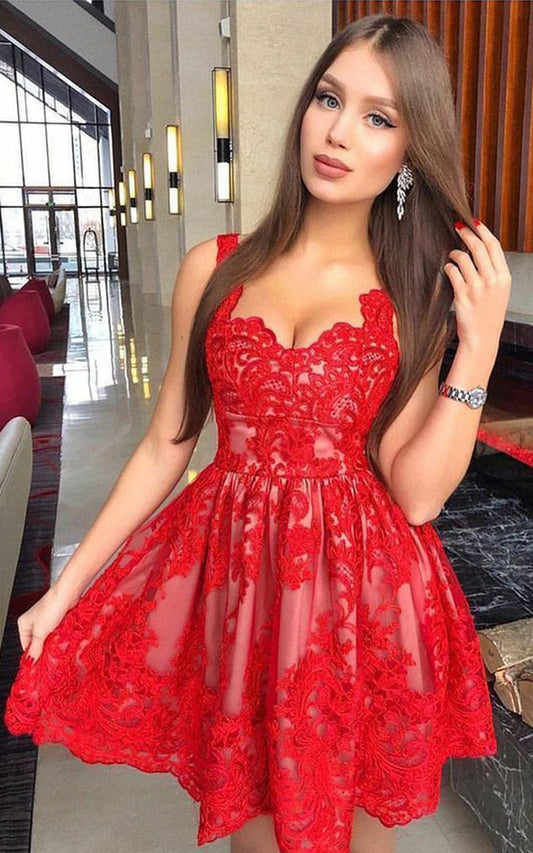 PM206,Red Lace A-Line Homecoming Dresses