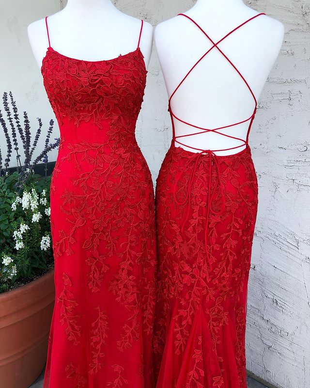 PM458, Red Sexy Mermaid V Neck Lace Long Prom Formal Dresses