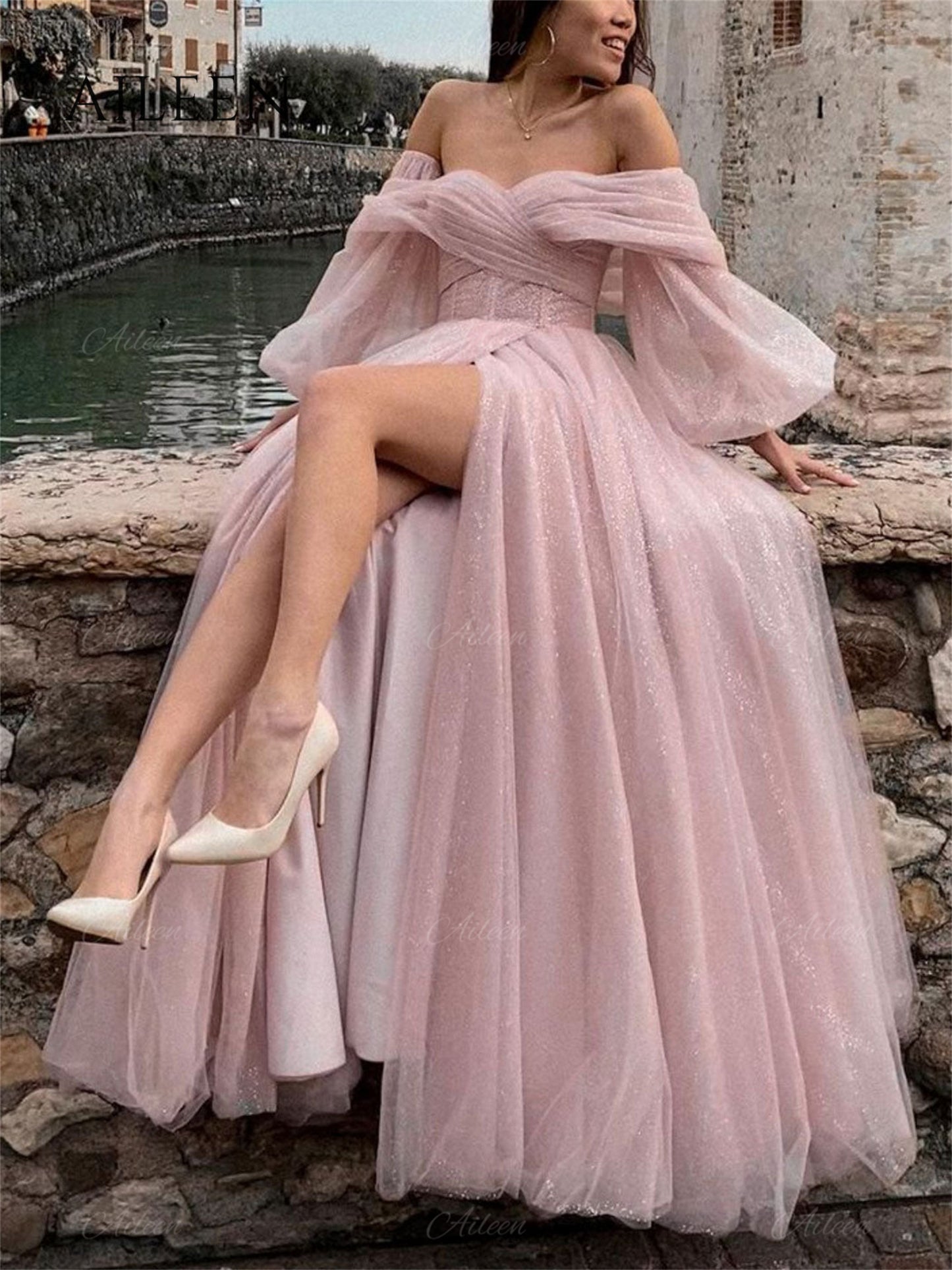 PM477,Off the shoulder long sleeves a-line prom evening dresses