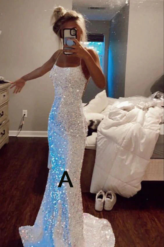 PM093,Shiny Spaghetti Straps Mermaid White Sequin Prom Evening Dress Gown For Women
