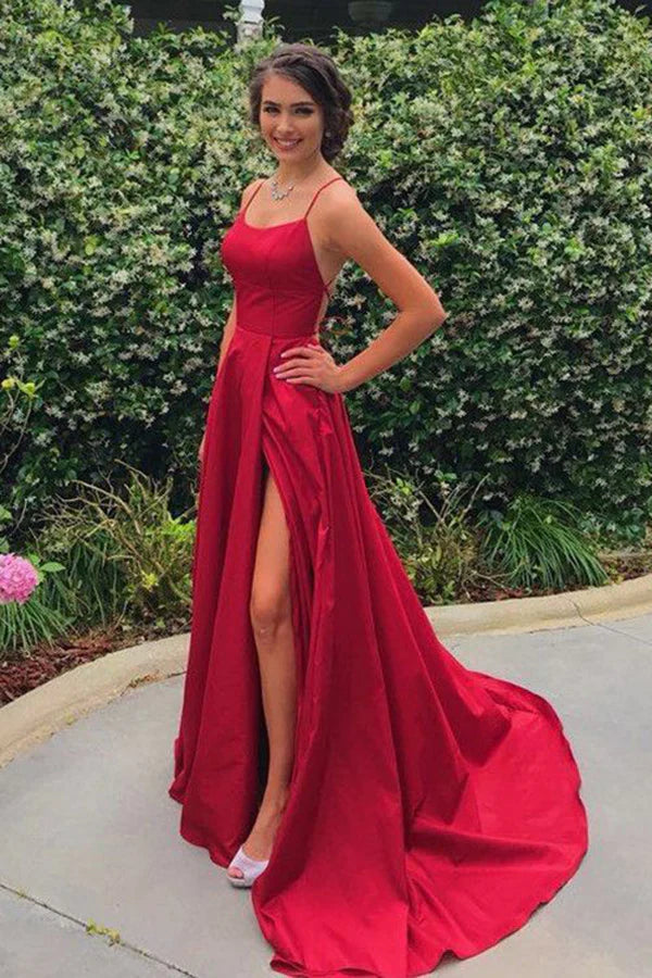 PM333,Red Prom Dresses,Satin Evening Dresses,Cross Back Long Formal Gown