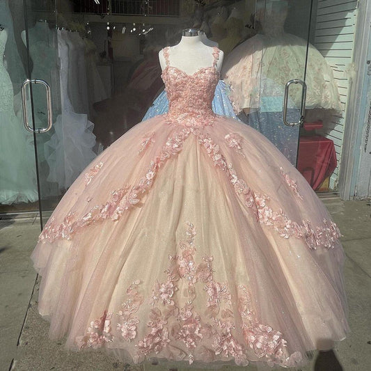 PM070,Pink Sparkly Quinceanera Prom Dresses Lace Flower Sweet 16 Tulle Party Ball Gown