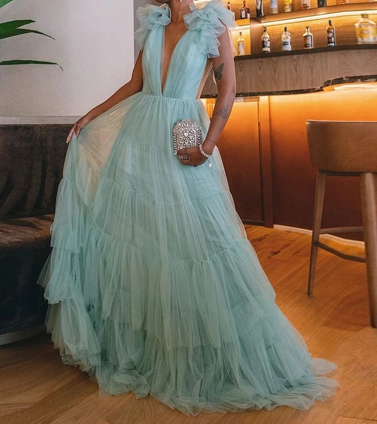 PM432,Sexy Mint Blue V-Neck Long Prom Dresses,Layers Tulle Evening Dress,Long Celebration Dresses