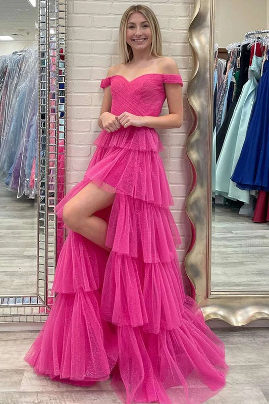 PM388,Shiny Hot Pink Tulle Off The Shoulder Long Prom Evening Dresses With High Slit