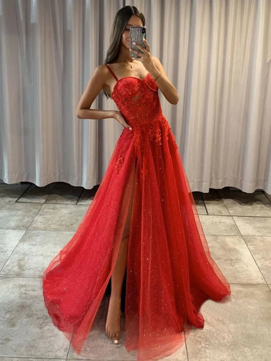 PM418,Shiny Sweetheart Neck Red Lace Long Prom Dresses,High Slit Red Lace Formal Dresses,Red Lace Evening Dresses