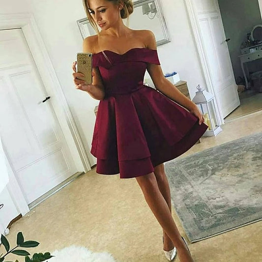 PM063,Off the shoulder satin prom dress satin homecoming dresses