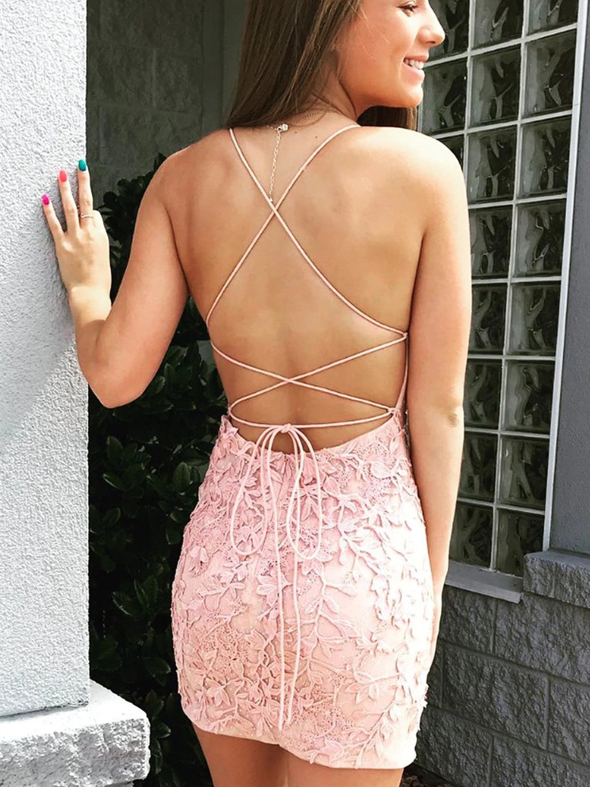 PM023,Light pink applique homecoming dress cross-back mini prom dresses