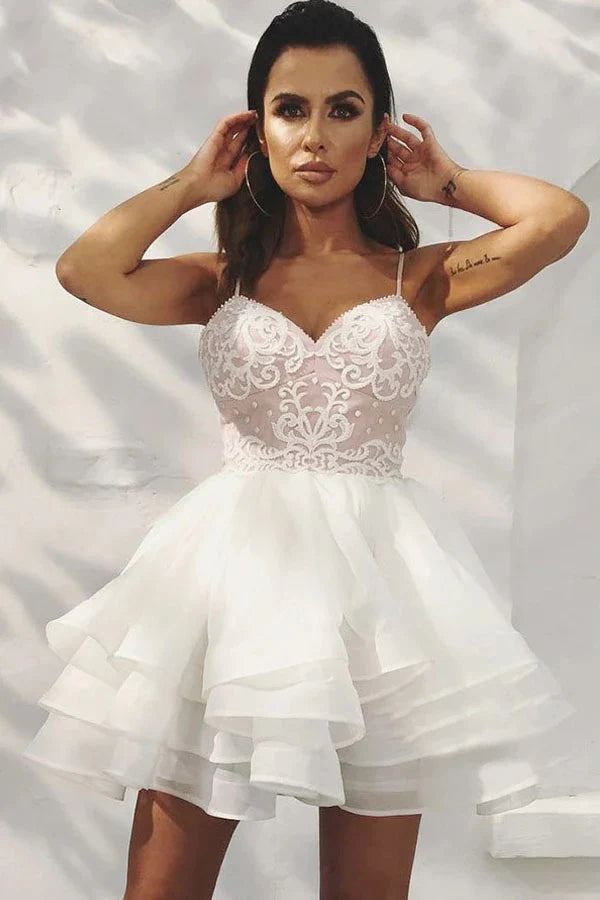 PM213,Spaghetti Straps Appliqued Bodice Homecoming Dress With Pleated Skirt