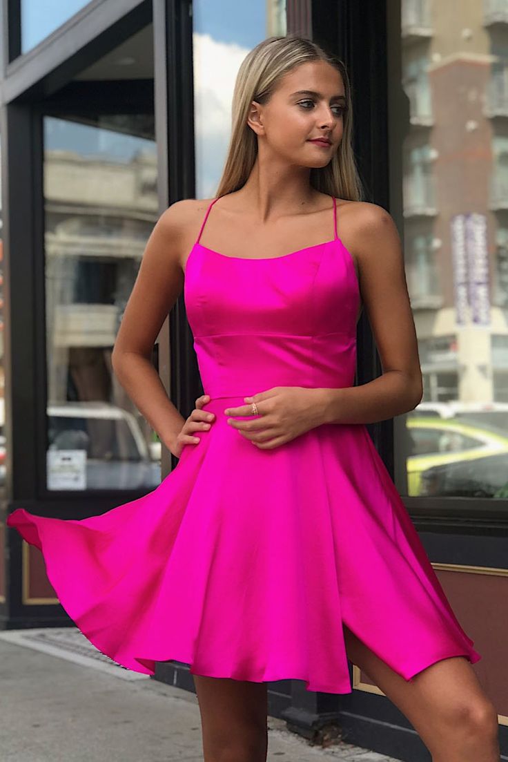 PM254,Hot pink satin homecoming dresses mini cocktail dress