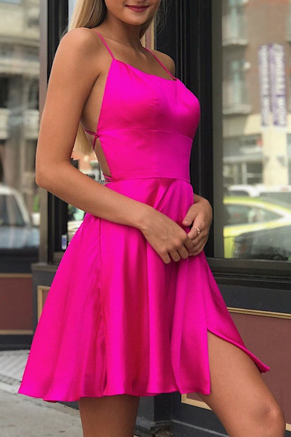 PM187,Simple Hot Pink Satin A-Line Homecoming Dresses Spaghetti Straps Mini Party Dress