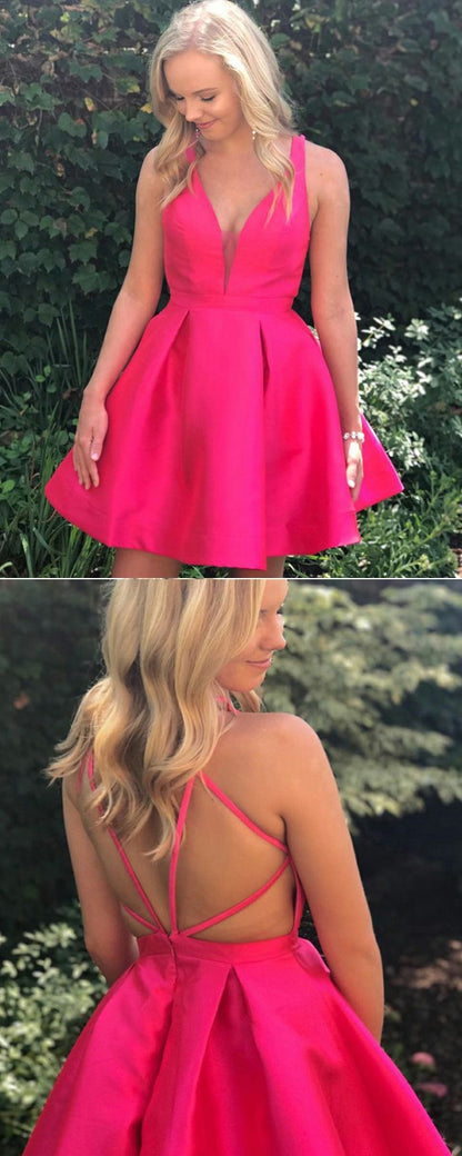 PM190,Simple Hot Pink Satin Homecoming Dresses
