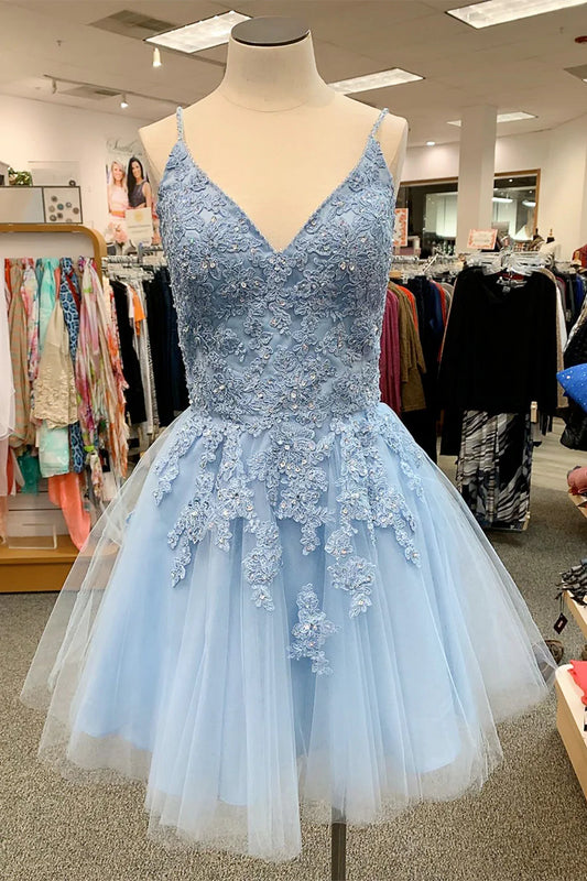 PM215,Spark Queen V neck short sky blue homecoming dress with lace appliques