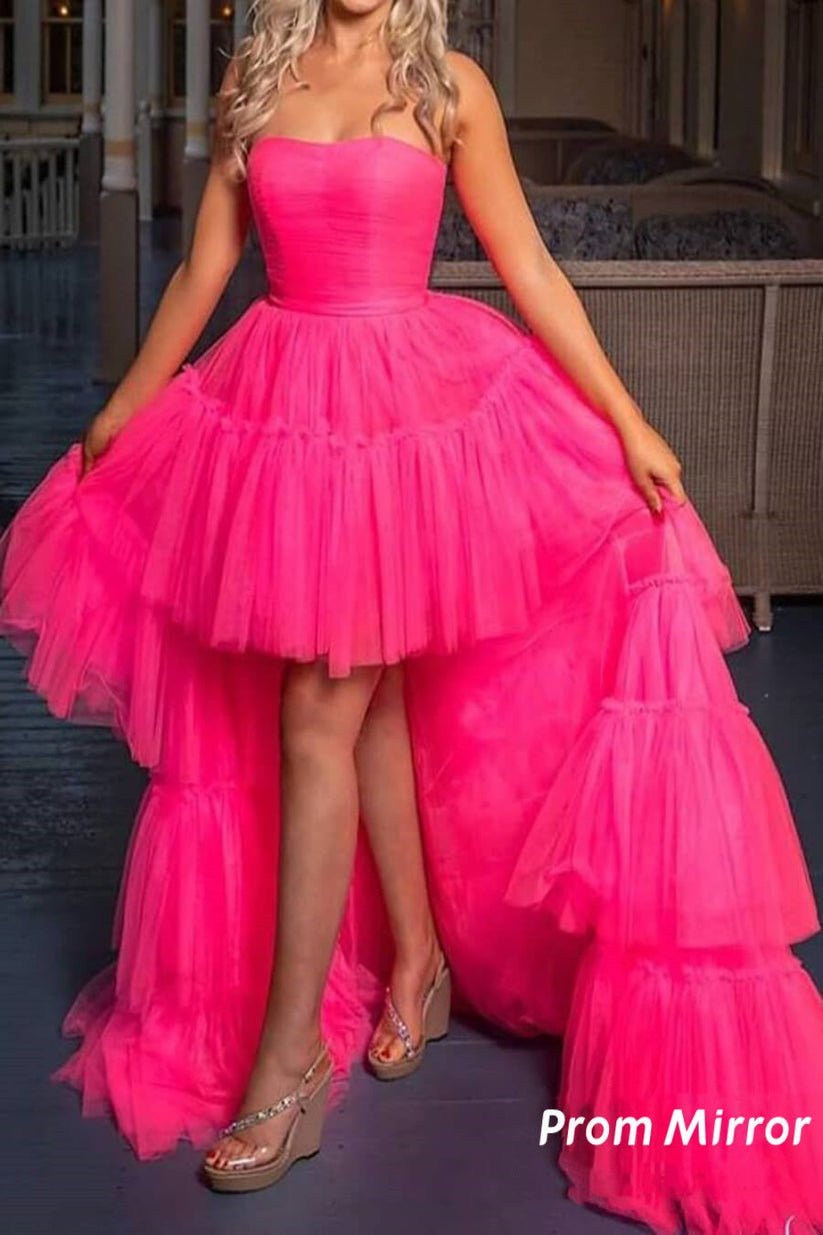 Strapless High Low Layered Hot Pink Tulle Long Prom Dress, High Low Hot Pink Formal Dress, Hot Pink Evening Dress Y214 main image 1