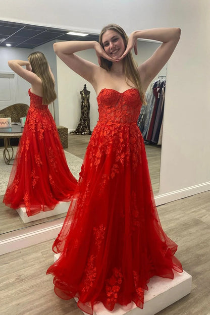 PM421,Red Prom Dresses,Floral Prom Dress,Lace Evening Dresses,A-Line Tulle Formal Gown