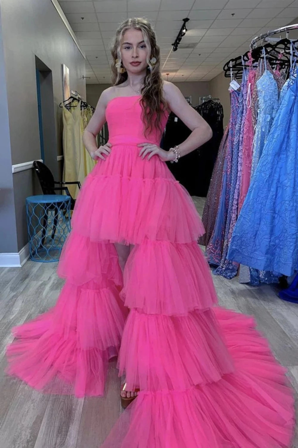 PM032,Hot pink tulle prom dresses strapless high low evening formal dress