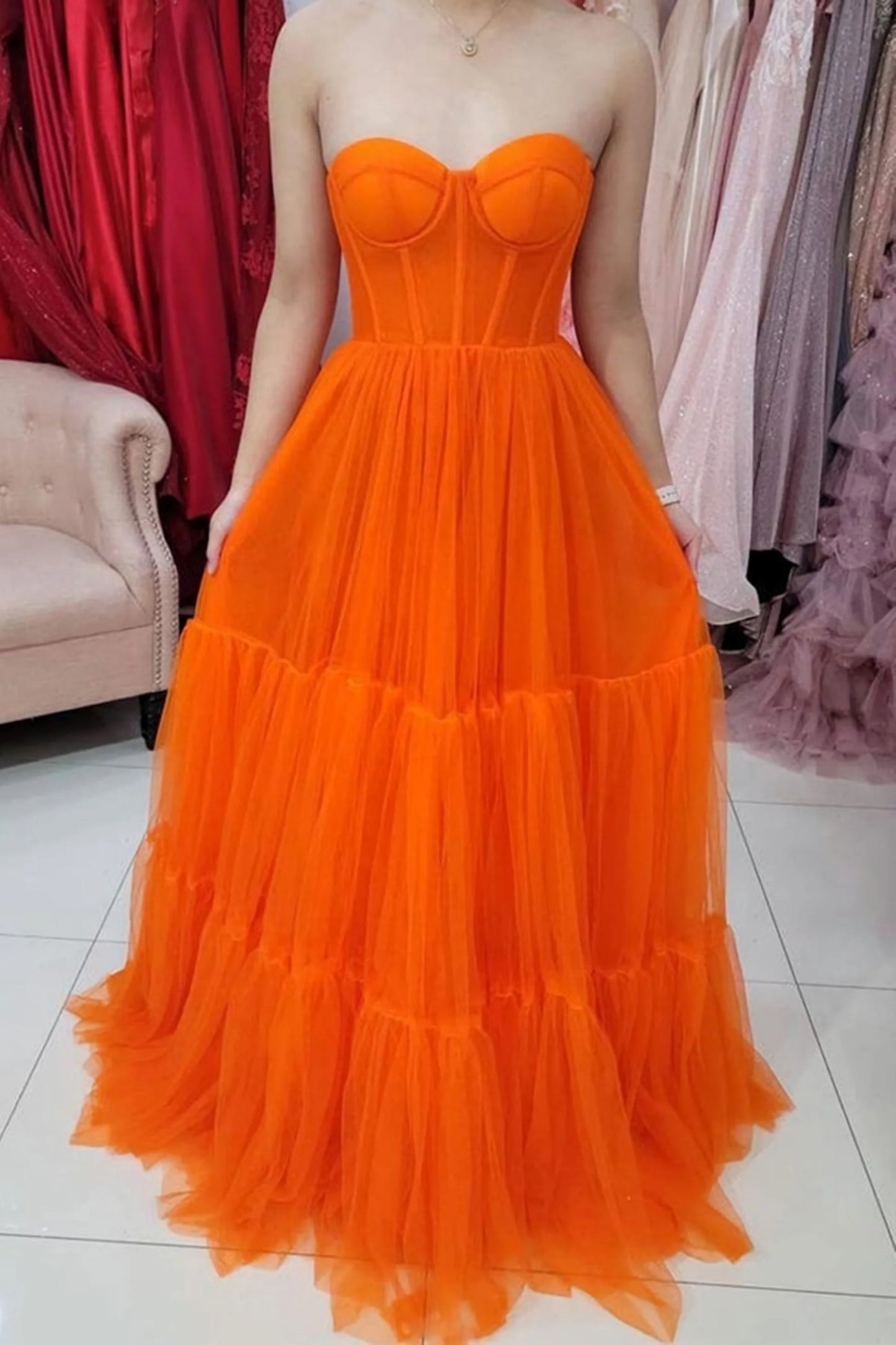 PM422,Sweetheart Orange Tulle A-Line Long Prom Evening Dresses
