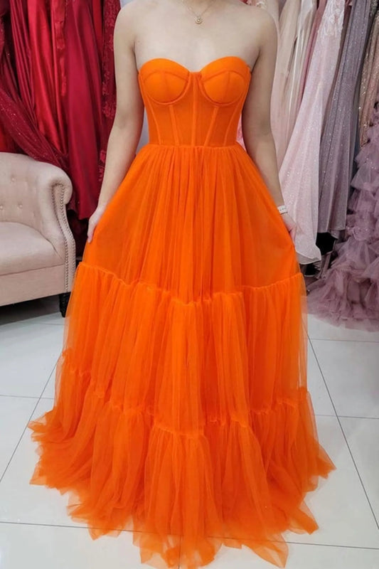 PM422,Sweetheart Orange Tulle A-Line Long Prom Evening Dresses