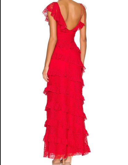 PM353,Red Mermaid Lace Long Prom Dresses V-Neck Party Dress