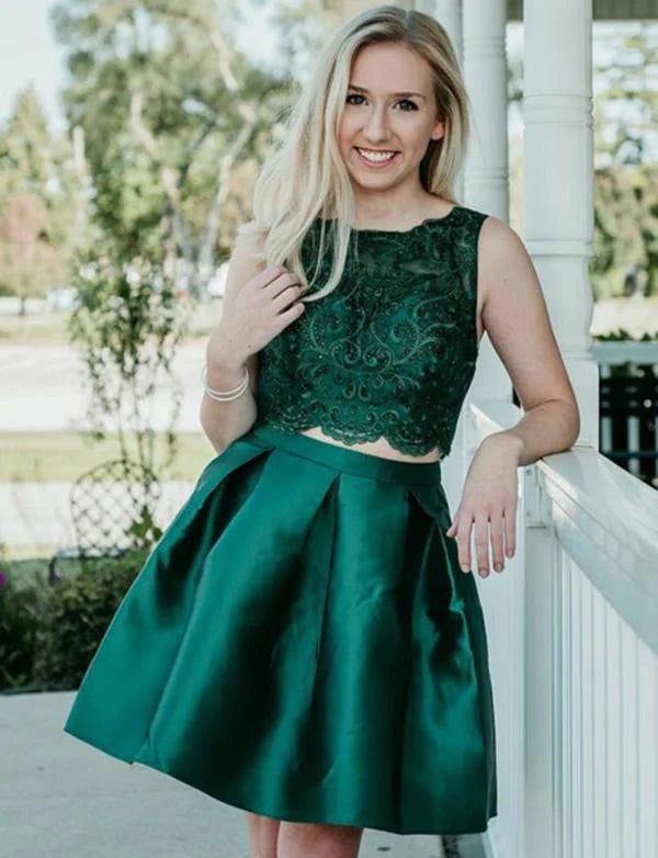 PM224,Two Piece Dark Green Satin Homecoming Dress With Beading