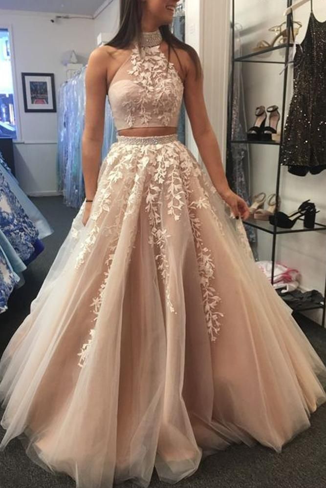 PM198,Two Pieces Champagne Beaded A-Line Long Prom Evening Dresses