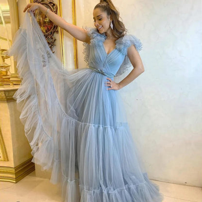 PM433,Princess Dusty Blue Tulle A-Line Long Prom Dresses,Layers Birthday Dresses