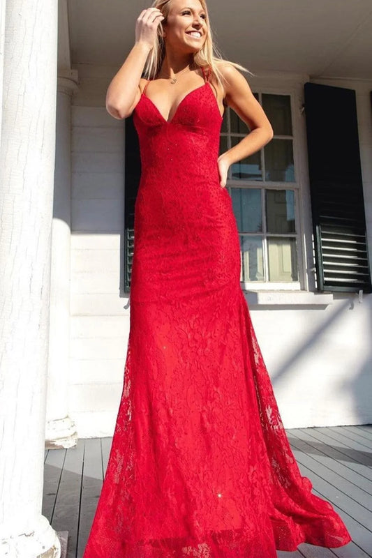 PM457, V Neck Backless Mermaid Red Lace Long Prom Dresses, Mermaid Red Formal Dresses, Red Lace Evening Dresses