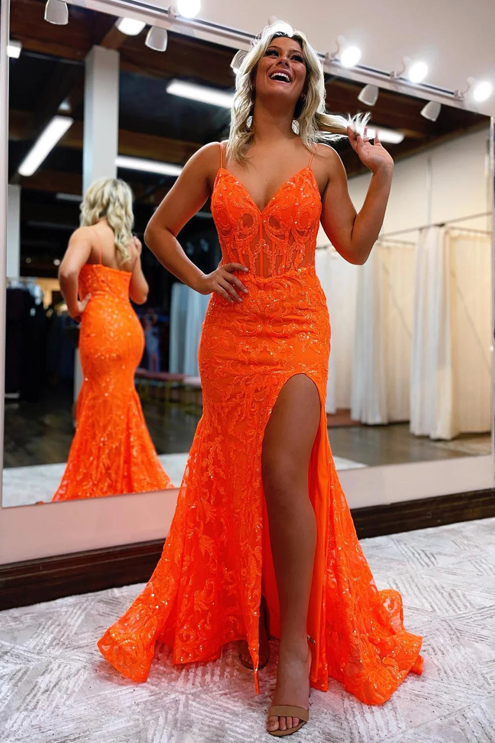 PM449,Orange Prom Dresses, Lace Evening Dresses, Mermaid Split Party Gown