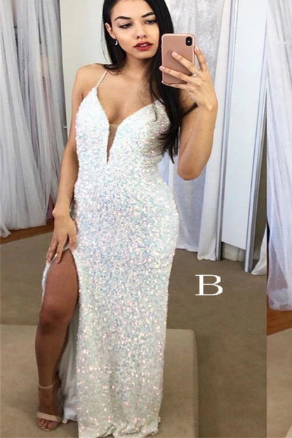 PM085,Spaghetti Straps Mermaid Prom Dress, Sparkly Sequins Slit Long Formal Gown