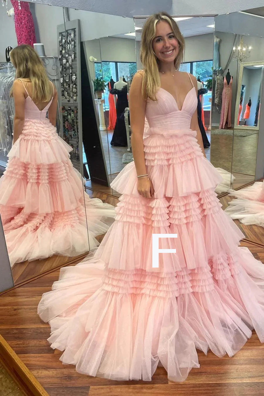 PM501,Soft Pink A-Line Ruffles Tulle Prom Evening Dresses, V-Neck Formal Gown
