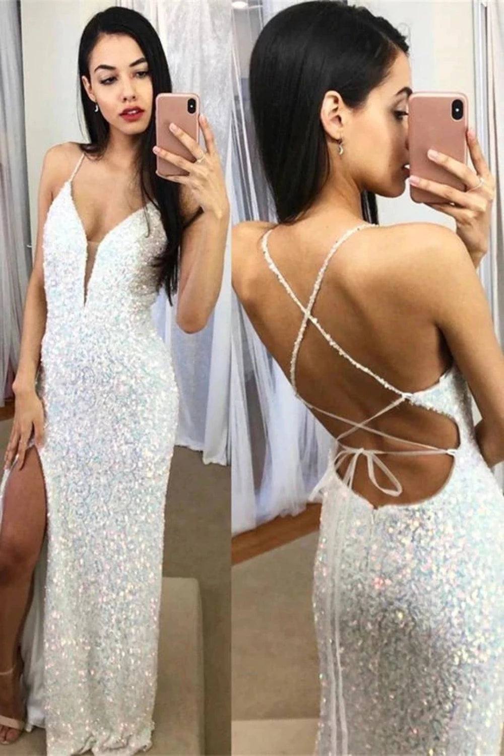 PM085,Spaghetti Straps Mermaid Prom Dress, Sparkly Sequins Slit Long Formal Gown