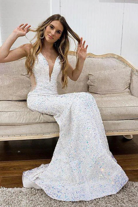 PM104,White Deep V Neck Mermaid Prom Evening Gown, Sequined Long Party Dress
