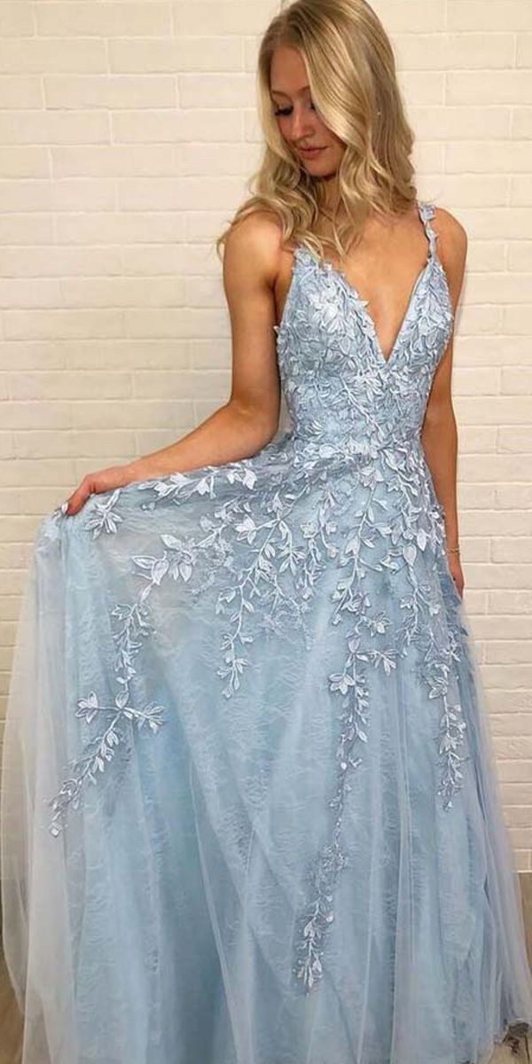 PM348,Sky Blue Applique Tulle Long Prom Dresses,V-Neck Lace Evening Dresses