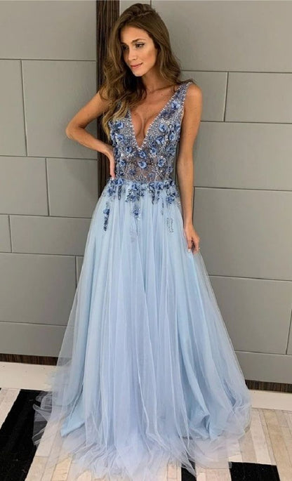 PM345,Luxury Beaded Floral Tulle Long Prom Dresses,Evening Formal Gown