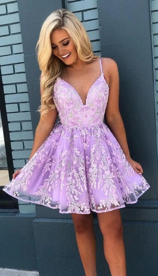 PM237,Light purple applique homecoming dresses a-line short dress