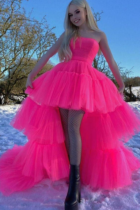 PM026,Princess hot pink tulle prom dress hi-lo strapless formal evening dresses pink ball gown