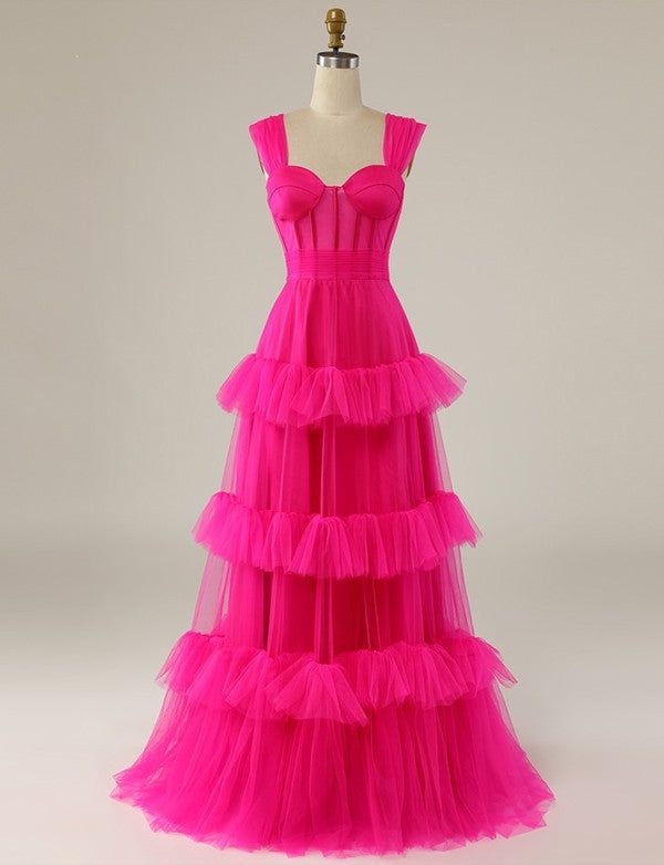 PM489, Hot Pink Sweetheart Multi Layers Tulle Prom Dresses Formal Dresses