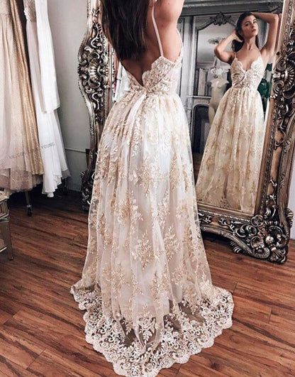 PM332,Vestido Champagne Lace Backless Long Prom Evening Dresses,V-Neck Formal Gown