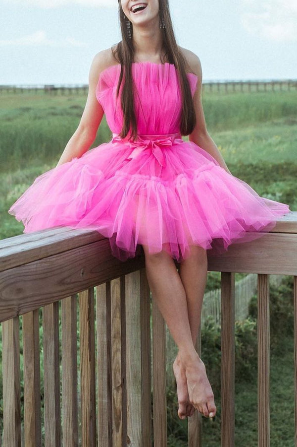 PM372,Princess Hot Pink Tulle Homecoming Dresses,Strapless Short Prom Dresses