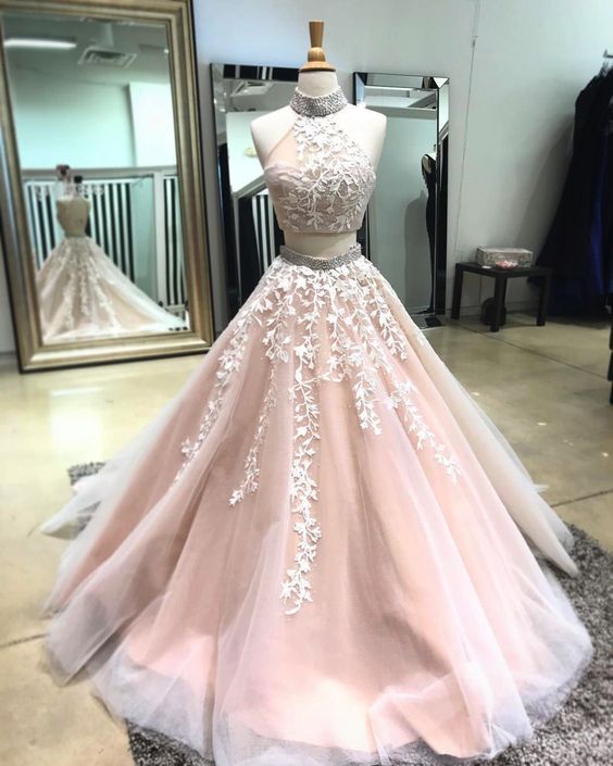 PM018,Halter two pieces applique beaded long prom evening dresses
