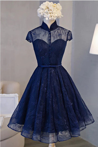 PM311,Navy Blue Homecoming Dresses,Lace Homecoming Dress,High Neck Mini Prom Dresses